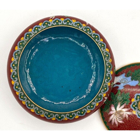 Vintage Chinese Cloisonné Enamel on Bronze Lidded Bowl Trinket Dish Floral Teal - Picture 8 of 16